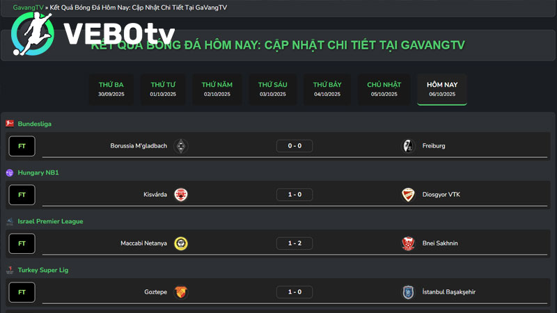 Giao diện kết quả bóng đá tại VeboTV đẹp mắt